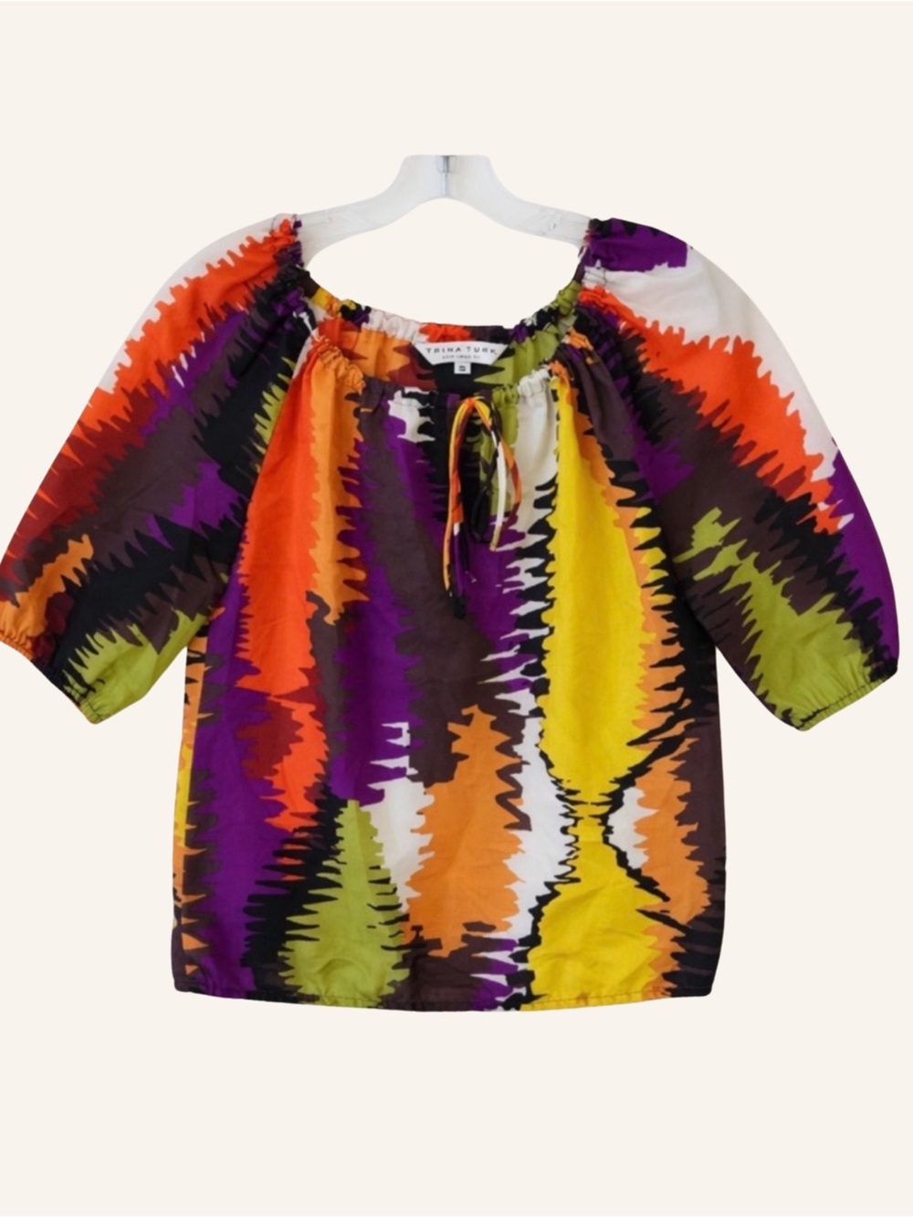 Trina Turk Multi-Color Pullover Short Sleeve Zigzag Blouse 100% Silk Size Small